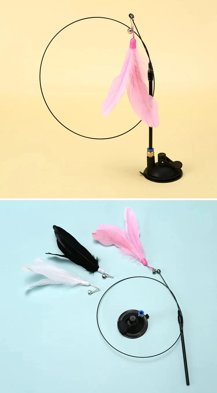 Interactive Hands-Free Cat Teaser Wand with Suction Cup Feather Toy