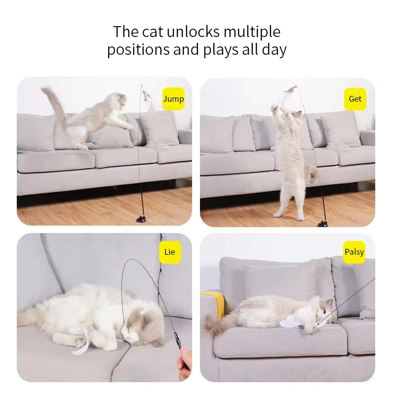 Interactive Hands-Free Cat Teaser Wand with Suction Cup Feather Toy