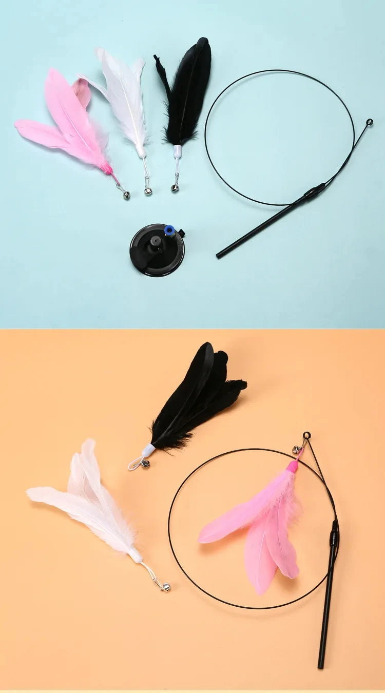 Interactive Hands-Free Cat Teaser Wand with Suction Cup Feather Toy