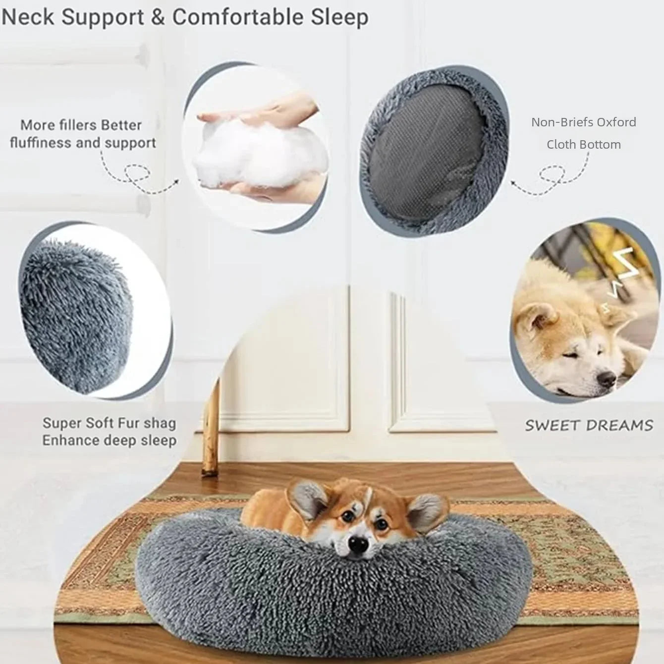 Round Plush Pet Bed 40–90cm for Dogs & Cats