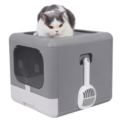 Foldable Enclosed Cat Litter Box with Scoop and Tray