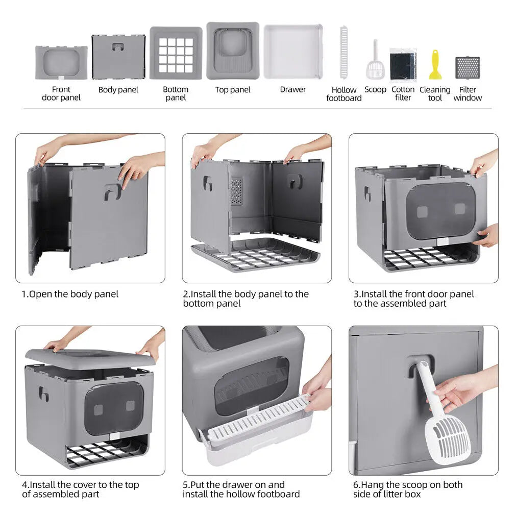 Foldable Enclosed Cat Litter Box with Scoop and Tray