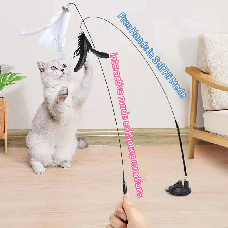 Interactive Hands-Free Cat Teaser Wand with Suction Cup Feather Toy