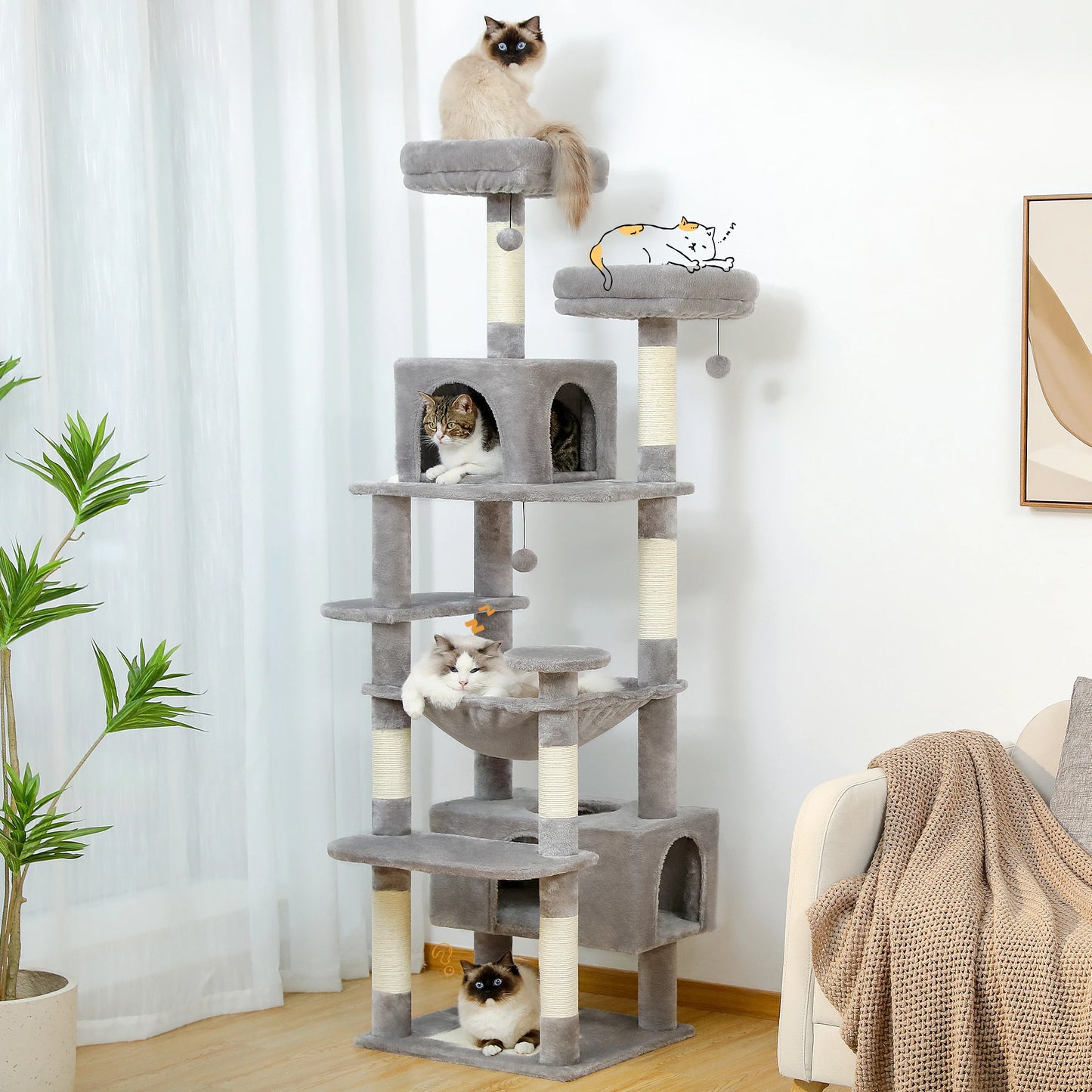 Large Cat Tree Tower with Scratching Posts Hammock and Condos