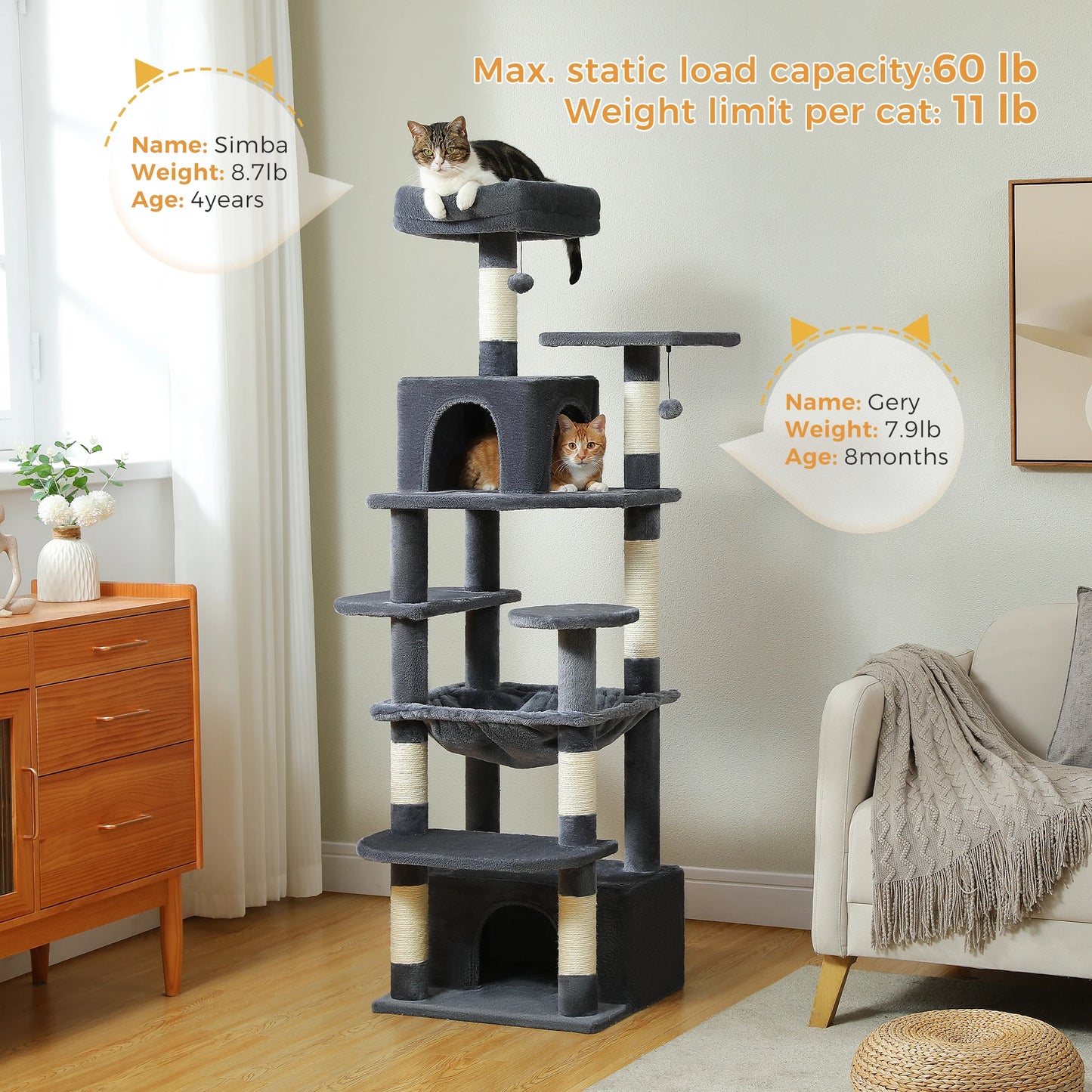 Large Cat Tree Tower with Scratching Posts Hammock and Condos
