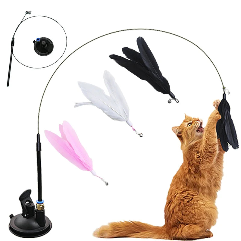 Interactive Hands-Free Cat Teaser Wand with Suction Cup Feather Toy