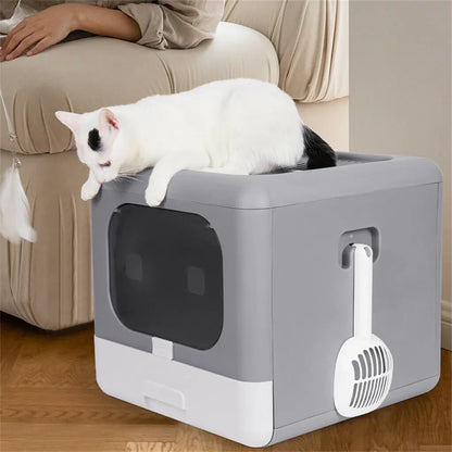 Foldable Enclosed Cat Litter Box with Scoop and Tray