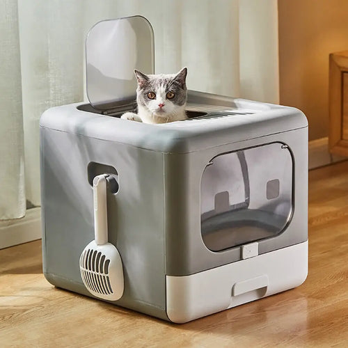 Foldable Enclosed Cat Litter Box with Scoop and Tray
