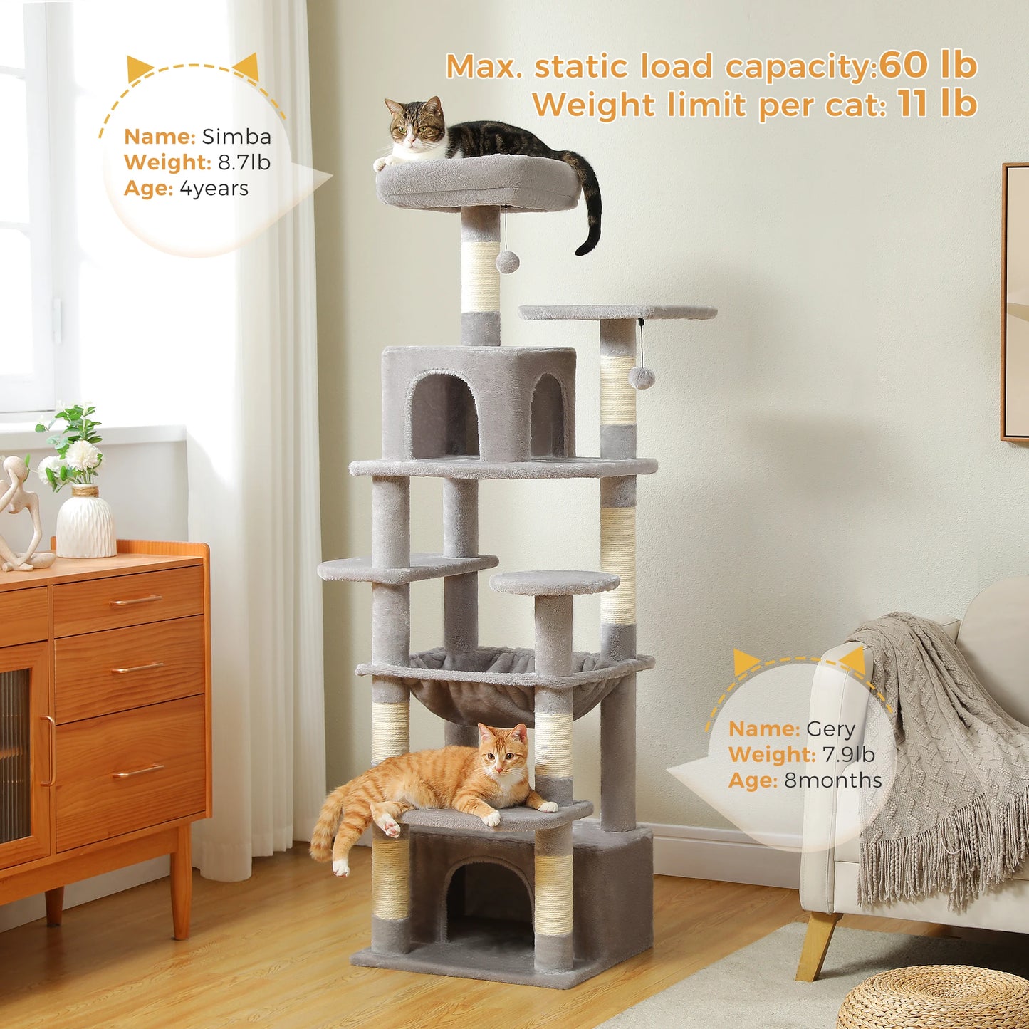 Large Cat Tree Tower with Scratching Posts Hammock and Condos